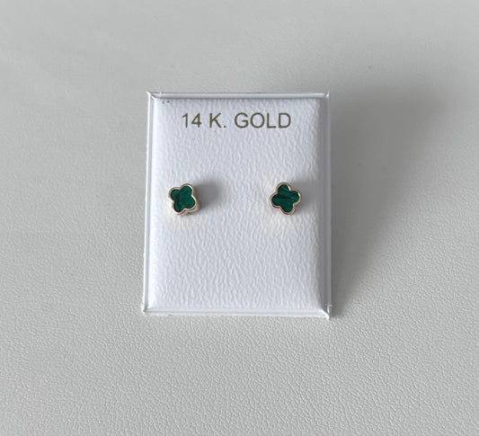 14KT Gold Clover Flower Green Studs